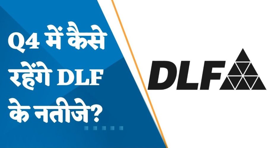 Text in Hindi asking how the DLF Q4 results will be, with the DLF logo below the text.