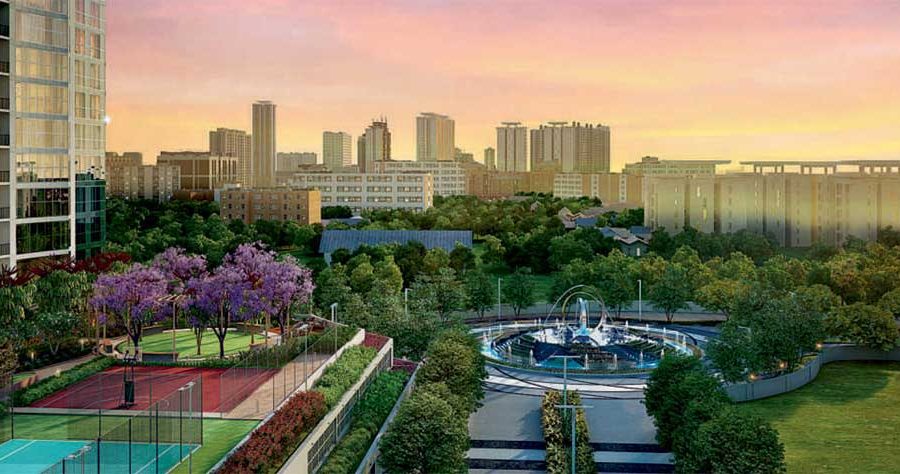An artist's rendering of a park surrounded by tall buildings with luxury homes